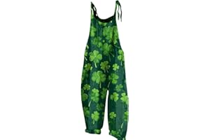 ROSENNIE Jumpsuit Damen Elegant Kleeblatt Druck St Patricks Day Jumpsuit Spaghetti Jumpsuit Mit Taschen Racerback Strampler Rückenfrei Playsuit Kuschelig Latzhose Wide Leg Romper Festlich Arbeitslatzhose