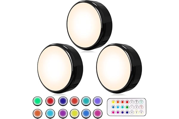 HELPLEX Lampe de Placard, Lampe LED Veilleuse RGB 16 Couleurs Sans Fil, éclairage d'escalier, éclairage de jeu sans fil à LED, avec 1 Télécommandes et Fonction de synchronisation, Paquet de 3
