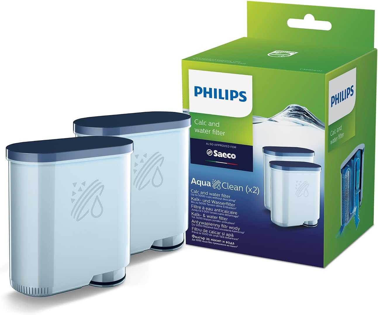Philips Saeco Pastille filtre à eau AquaClean machine à café à grains, x2 | filtre à eau AquaClean, Evite la formation de calcaire, Jusqu’à 5000 Tasses Sans Détartrage, 6 mois d'utilisation (CA6903/22)