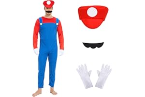 Hereneer Super Klempner Kostüm, Klempner Kostüm Set, Herren Faschingskostüm Männer, Kinderkleidung, Mütze + Hose + Bart, Super Herren Erwachsenen Kostüm für Fasching Karneval Cosplay