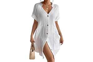 Bsubseach Okładka bawełniana sukienka plażowa zapinana na guziki casualowa bluzka z dekoltem w serek