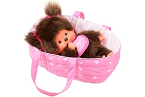 Sekiguchi 204069 - Original Monchhichi Mädchen mit rosa Herz-Latz und Bettchen, ca. 20 cm großes Kuscheltier aus braunem Plüsch