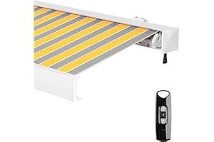 paramondo Markise Kassettenmarkise Line Gelenkarmmarkise Balkon Terrasse Sichtschutz, mit jarolift Funkmotor, Vollständig zusammengebaut, 3,5 x 3 m, Gestell: Weiß, Stoff: Block, Gelb-Grau