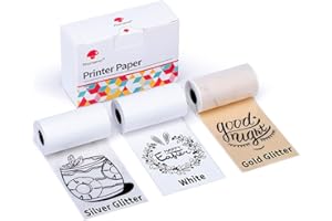 Phomemo Printer Paper - M02/M02Pro/M02S/M03/M03AS/M04S Mini Sticker Printer Paper, White/Silver Glitter/Golden Glitter Mini Pocket Thermal Pinter Paper - Self-Adhesive Sticker Paper, 3 Rolls