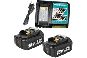 VOLT1799 2 baterías de Iones de Litio de 5,5 Ah para Makita 18v bateria BL1850B BL1860 BL1840 BL1830 LXT-400 con indicador LED + Cargador de Repuesto 6.5A DC18RC