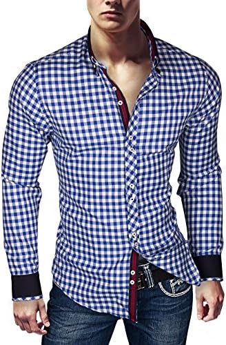 Stile Italiano Mens Shirt Long Sleeve Slim Fit Bodycon Casual Shirts Checked Shirt Long Style M L XL XXL - Blue -