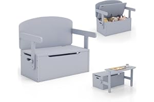 COSTWAY Wooden Toy Box, 3-in-1 Convertible Kids Bench/Desk Chair Set/Storage Chest with Lid, Multifunctional Children's Organizer Cabinet for Playroom Bedroom (Gray)