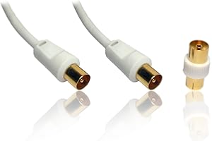 CDL Micro 2TV-10 10 m Gold TV Coax Aerial Cable Lead Wire (M-M) with Female to Female Adapter (F-F), White