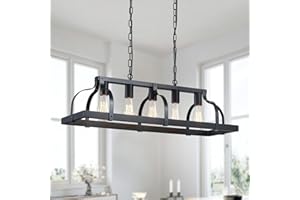 WUZUPS Lámpara colgante lineal de 5 luces de metal, imitación de madera, iluminación de techo, rústico, granja, cocina, isla, comedor, base E27, negro