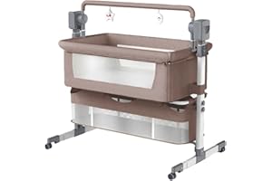 Nine point nine Elettrico Culla Next to Me, Multifunzionale Culla Neonato Fianco Letto, Convertibile Culla Co-sleeping per Bambini Pieghevole con Musica Bluetooth 5 Ingranaggi Ondeggianti (Khaki)