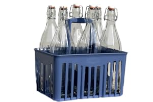 FIRMADIGARANZIA SRL SET 6 PZ BOTTIGLIE VETRO 1 LITRO PER ACQUA VINO LIMONCELLO LIQUORE DRINK CON PORTABOTTIGLIE IN PLASTICA - BOTTIGLIE ACQUA IN VETRO 1 L CON CESTELLO PORTABOTTIGLIE PLASTICA BLU COBALTO