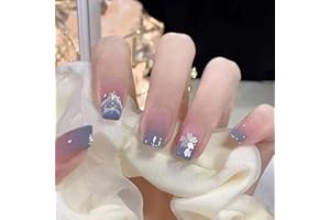 Ceboic 24 szt. kwadratowe sztuczne paznokcie krótkie, gradientowe, niebieski francuski, naciskające paznokcie z płatkiem śniegu, akrylowe paznokcie, sztuczne błyszczące paznokcie do klejenia dla kobiet i dziewcząt