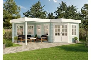 Alpholz 5-Eck Gartenhaus Pepe-28 aus Massiv-Holz | Gerätehaus mit 28 mm Wandstärke | Garten Holzhaus inklusive Montagematerial | Geräteschuppen 442 x 302 cm + 300 cm | Flachdach