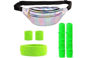 CosCool 80er Jahre Outfit Damen Neon Kostüm Accessoires Set, 90er 80er Kleidung Sportlicher Stil Bauchtasche, Beinwärmer, Armbänder, Stirnband für 80er kostüm Fasching Halloween