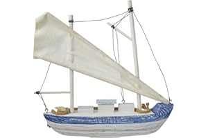 Hogar y Mas Velero Decoración Madera, Barco Decorativo Azul. Figura Marinera de Tela y Cuerda, Vintage 26x6x28 cm