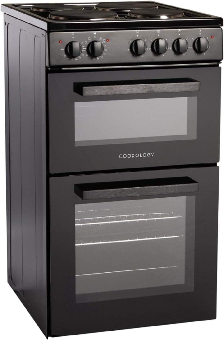 Cookology CFSPTC502BK 50cm Wide Freestanding Electric Twin Cavity Cooker, Combined 93 Litre Capacity with 4 Zone Solid Plate Top Hob Cooktop - in Black