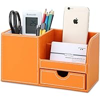 KINGFOM Büro Schreibtisch Organizer Ordnungssystem 4 Speicherabteil PU Leder Stiftebox Stifteköcher Bürobedarf (Orange)