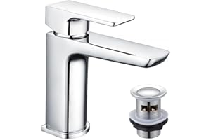KINGBATH™ Single Lever Mono Basin Mixer Tap with Click Clack Sprung Waste Bathroom Sink Hot and Cold Faucet Solid Brass Modern Chrome Plated Easy to Fit/Install
