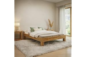 skølm Floki Massivholzbett 140x200 cm aus Eiche - hochwertiges Bettgestell - Bettrahmen ohne Bettkopf - Holzbett in Natur geölt - Bett 140x200 cm geeignet als Doppelbett - Futonbett