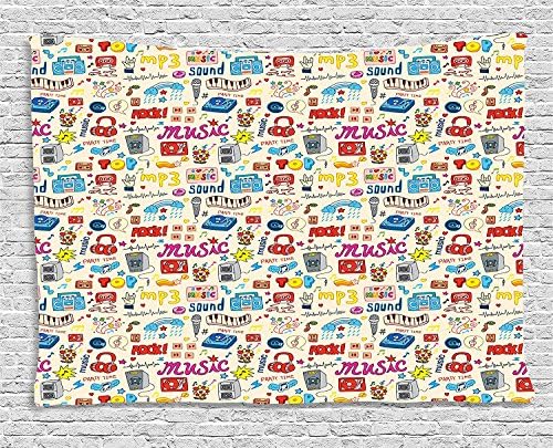 Music Tapestry, Retro Pop Art Style Music Icons Casette Tapes Records Rock Headphones DJ Kids Image, Wall Hanging for Bedroom Living Room Dorm, 80 W X 60 L Inches, Multicolor