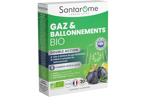 Santarome - Gaz & Ballonnements Bio – Charbon végétal actif – Aide à éliminer les gaz intestinaux et réduire les ballonnements – Plantes & bourgeons bio – 30 gélules – Fabriqué en France
