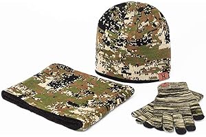 TJZY Unisex Beanie Hat Gloves Scarf Three-Piece Men Women Print Camouflage Knitted Cap Plus Velvet Thicken Bib/Army Green / 3pcs