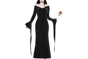 Miulruma Halloween Kostüm für Morticia Addams Damen Gothic Vintage Kleid Sexy Hexenkostüm für Addams Family Schulterfrei Cocktailkleid Knöchellänge Kleid Kostüm Abendkleider Schwarz A005