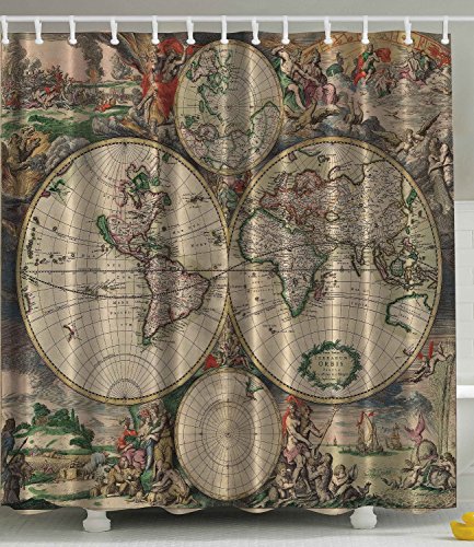 BBFhome Hem Gewichte Duschvorhang 180x180 CmAntiques alte Weltkarte Globe Art Lounge Dekor Antike Traditionelle Antike Antiqued Blick Schatz Ozean Vintage Bildungs Drucken Polyester Duschvorhang Beige Grün Grau Orange