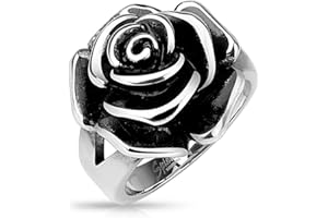 BlackAmazement Anello da donna in acciaio inossidabile 316L con fiore di rosa in argento massiccio gotico