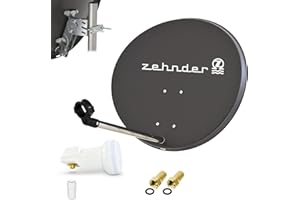 SATSHOPPING Zehnder 60cm Spiegel Schüssel Stahl + LogiSat Single LNB | 1 Teilnehmer HD Digital SAT Anlage Set anthrazit | DVB-S/S2 Full HDTV 3D 4K Ultra HD UHD Empfang