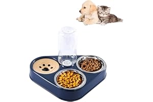 KAKBRT Ciotola per Gatti,3 in 1 Doppio Ciotole per Animali Domestici Acciaio Inossidabile,Alimentatore con Distributore Automatico di Acqua,per Gatti Cuccioli Cani di Piccola Taglia (Blu)