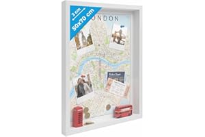 PHOTOLINI 3D cornice 50x70 cm bianco, profonda, cornice per oggetti fino a 3 cm di profondità, legno MDF con vetro acrilico - perfetta per il fai da te e come regalo