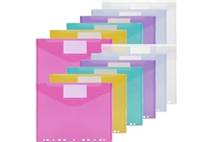Femolity 12 PCS A4 Binder Pockets, A4 Plastic Wallets, 11 Holes Binder Envelopes Clear A4 Letter Size Waterproof Poly Envelopes Folders with Magic Tape Closure for Office School Supplies-6 Colors