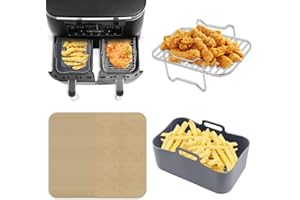 ‎SUN3DRUCKER 304 Edelstahl Heißluftfritteuse Grillrost & Silikon Korb & 200 Stücke Backpapier kompatibel mit Ninja Foodi AF300EU AF400EU, Dehydrate Rack Heißluftfritteuse Zubehör Für Ninja Foodi AF300EU Air Fryer