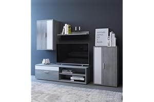 Home Heavenly® - Mueble salón Modular Bosco de 230 cm. Conjunto Completo Mueble TV + 2 vitrinas + Estante (Gris-Blanco)