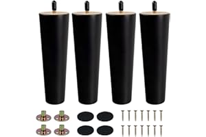KINDPMA 4PCS Solid Wood Furniture Legs 20cm Wooden Sofa Legs Chair Legs Table Leg Black Furniture Replacement Feet with Mounting Plates Screws Non-Slip Mat for Chair Bed Couch Table TV Cabinet