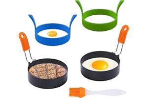 JIANYH 4 Pack Egg Rings for Frying, Round Fried Egg Ring, Non-Stick Fried Egg Mould with Oil Brush Heat-Resistant Poached Egg Moulds, for Fried Egg Sandwiches Breakfast Pancake Mould