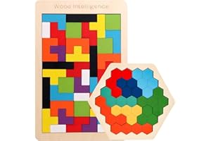 JISRKP 2Pcs Tangram Puzzles for Kids, Wooden Games Hexagon & Tetris, Brain Games for Kids, Jigsaw Puzzles, IQ Games, Educational Toys Gift for All Ages