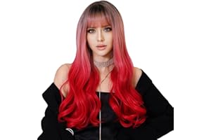 GIVENZA Perruque femme longue moderne effet naturel avec frange résistante à la chaleur Festival Halloween Déguisement (Rose Rouge)