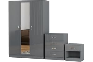 Nera High Gloss 3 Piece 3 Door Wardrobe with Mirror Chest of Drawers and Bedside Table Set with Mirror Bedroom Furniture Set (High Gloss Grey(Matt Grey))