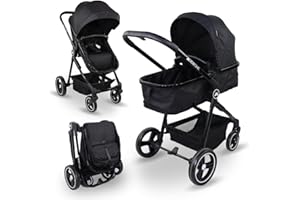 Mobiclinic® kids, Kinderwagen + babywanne, 2 in 1, Nuit, Ultrakompakt, 5-punkt-gurtsystem, 22 kg, Einhandbedienung, Verstellbare rückenlehne, Motorhaube, Korb, Fußbremse, Wendbar (schwarz)