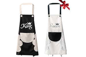 SIMSPEAR 2 Pezzi Grembiuli da Cucina Chef, King e Queen Grembiule Cucina Donna Uomo con Tasche per Cucina, Giardino, Ristorante Coppia Grembiule per Regalo Compleanno, Regalo San Valentino Natale