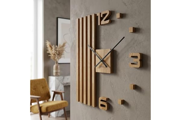3D-väggklockor gör-det-själv trä ek lameller stora 60 cm 3D-väggklocka modern design eko väggtatuering dekoration klockor för kontor vardagsrum sovrum dekorativa artiklar kvartsklocka (svarta visare)