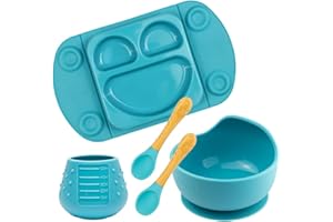 EasyTots Baby Weaning Set - 4 Pcs. Weaning Bundle with EasyMat Mini Portable Suction Plate, DinkyCup Open Toddler Training Cup, Suction Bowl & Baby Cutlery - All You Need Kit from 6 Months (Teal)
