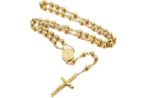 FaithHeart Collar Rosario Hombre Mujer Acero Inoxidable 316L Medalla San Miguel/Benito/Cristóbal/María con Cruz Jesucristo Joyería Religiosa para Rezo