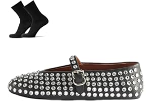 HESYSUAN Ballerines plates ultra confortables en maille avec strass cloutés pour femme, sangle à boucle