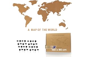 Tripvea - Korktafel | Wandschild Weltkarte 150 x 90 cm – Pinnwand mit 50 Reißnägeln, Vintage & Natur-Design (XXL)