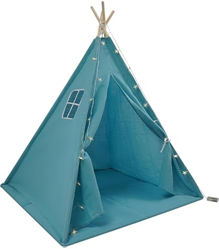 Tipi Zelt für Kinder, Kinderzelt mit Bodenmatte und Lichterkette, Faltbares Spielzelt aus Baumwolle, Spielhaus für drinnen & draußen 120 * 120 * 140cm (Blau) Spielzeug