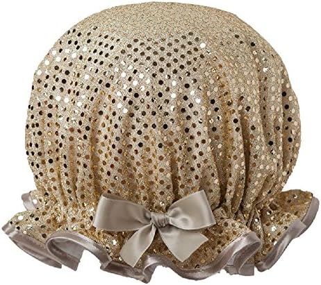 Dilly Daydream Sparkle Gold Shower Cap - Glitzy Sequin Fabric - Waterproof Lining - British Made - Adjustable - One Size Fits All - Machine Washable