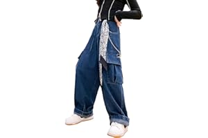 Rolanko Girls Baggy Cargo Trousers, Elastic High Waist Straight Wide Leg Streetwear Pants with Multi Pockets
